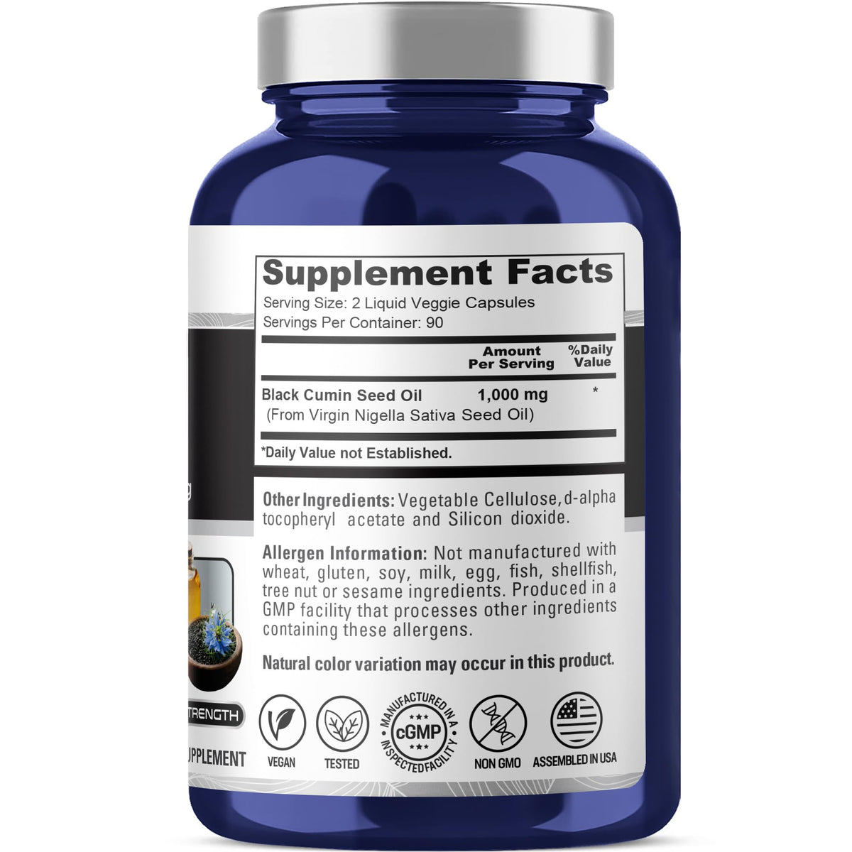 Étiquette du flacon NusaPure d'huile de graines de cumin noir 180 capsules
