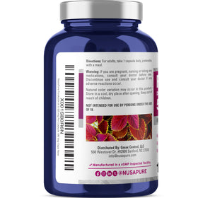 Étiquette du flacon NusaPure Forskohlii 525mg, ingrédients et dosage