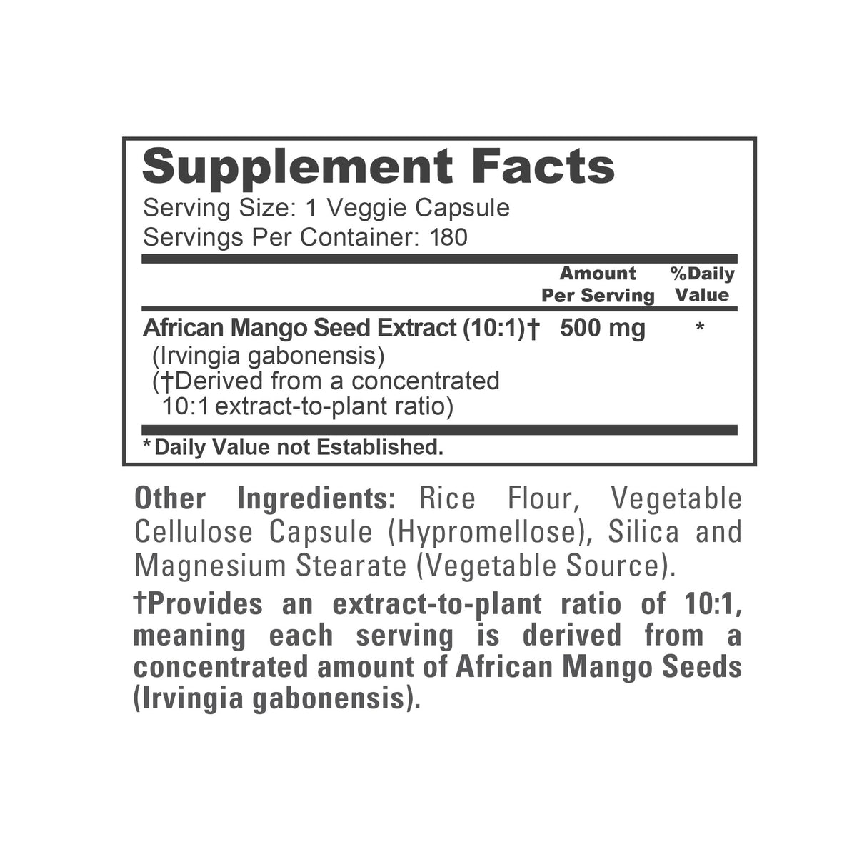 Étiquette du flacon NusaPure Mangue Africaine 500 mg