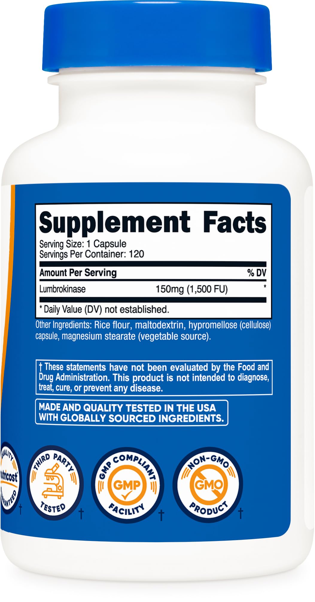 Étiquette du flacon Nutricost Lumbrokinase 150mg