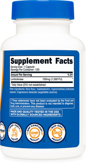 Étiquette du flacon Nutricost Lumbrokinase 150mg