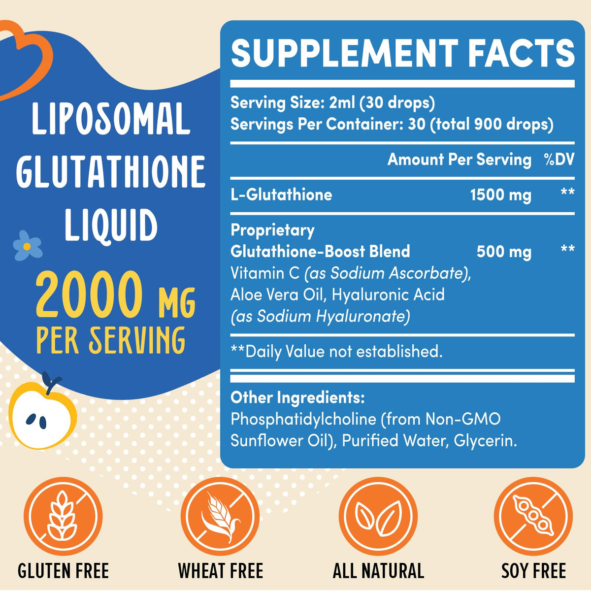Étiquette du flacon Prunucis Glutathione Liposomal 2000MG avec informations nutritionnelles