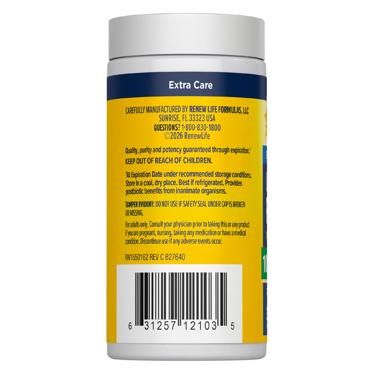 Étiquette du flacon Renew Life Probiotique avec ingrédients et dosage