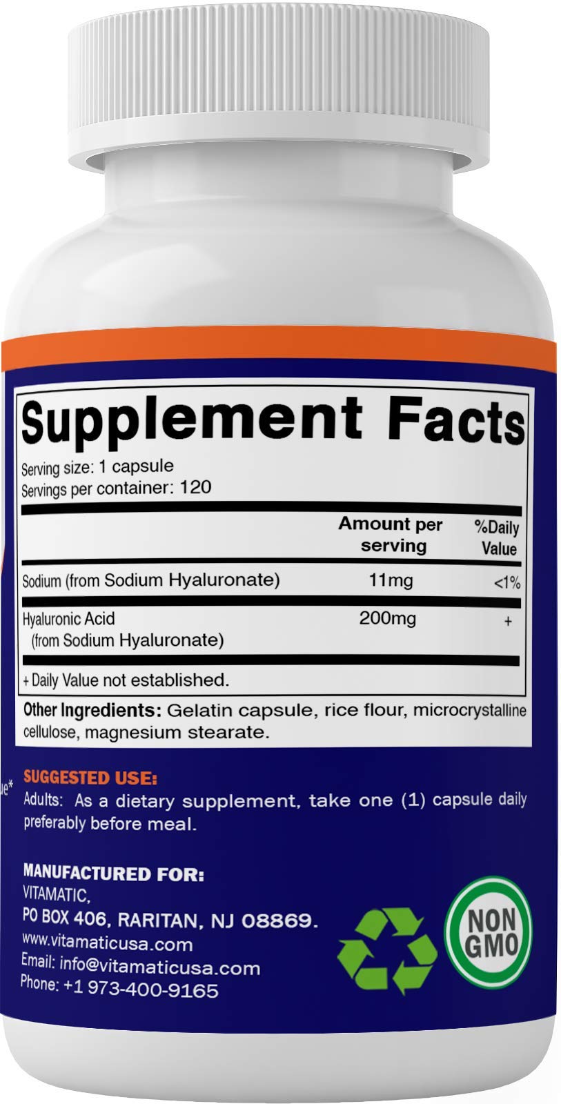 Étiquette du flacon Vitamatic Acide Hyaluronique 200 mg