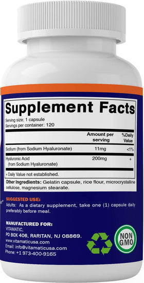 Étiquette du flacon Vitamatic Acide Hyaluronique 200 mg