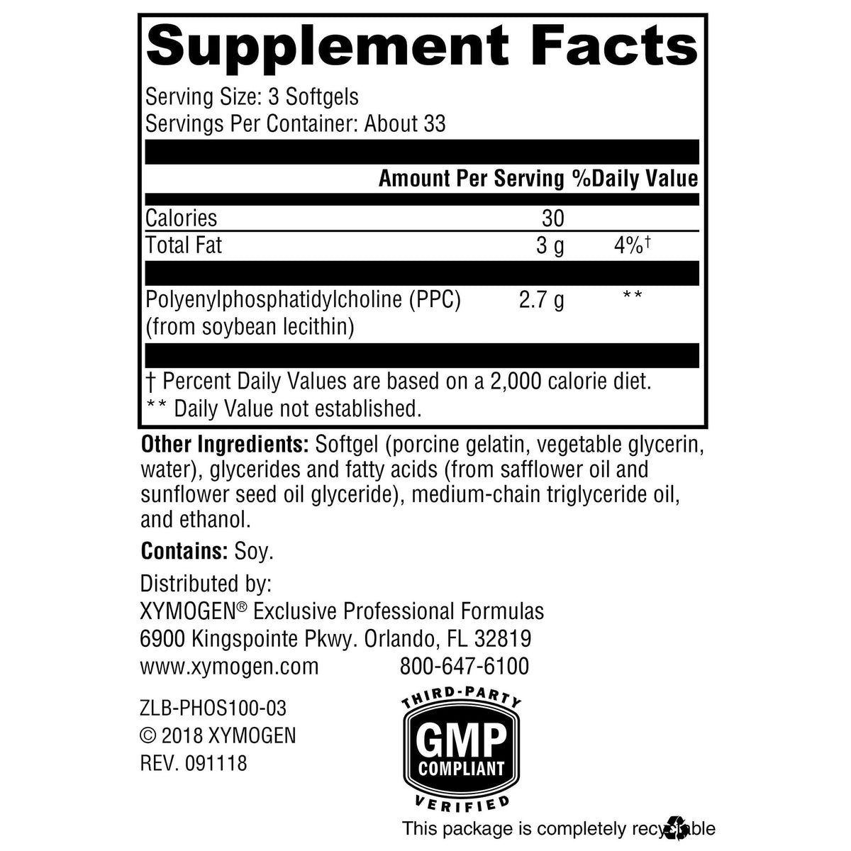 Étiquette du flacon XYMOGEN PhosphaLine avec ingrédients