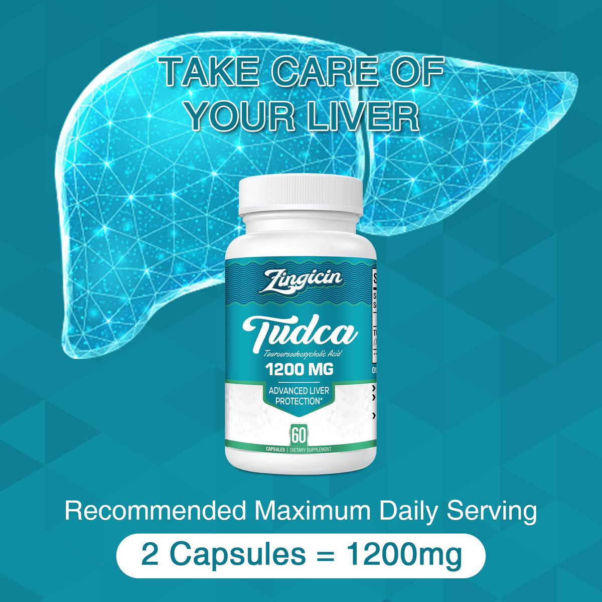 Étiquette du flacon Zingicin TUDCA 1200mg avec informations nutritionnelles