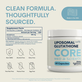 Étiquette du Glutathione Liposomal Core Med Science 500mg