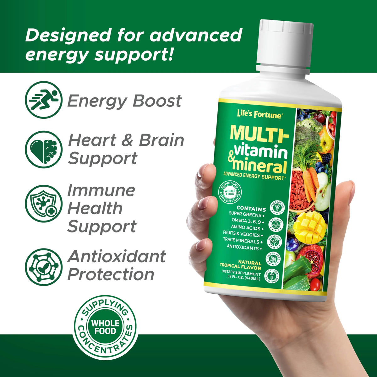 Étiquette du multivitamine liquide Life's Fortune avec liste des ingrédients