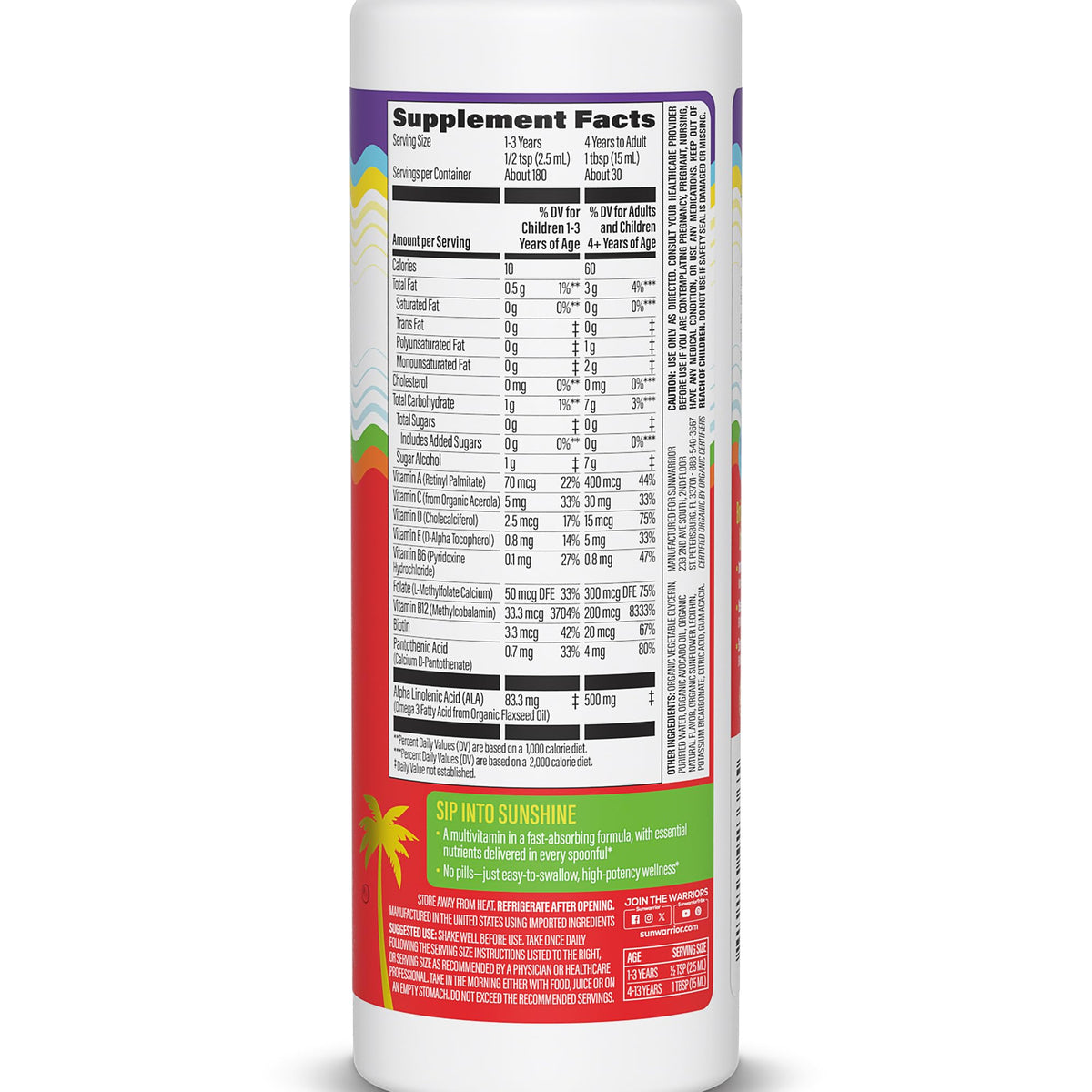 Étiquette du multivitamine liquide Sunwarrior avec ingrédients