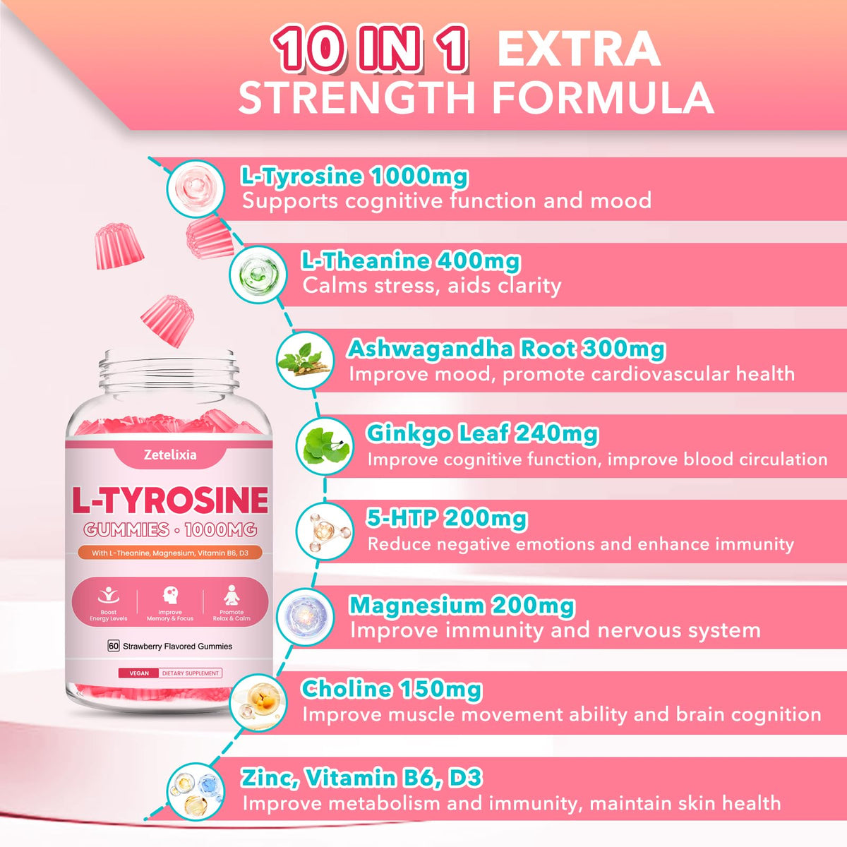 Étiquette du pot de gummies L-Tyrosine Zetelixia
