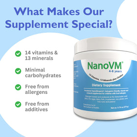 Étiquette du pot de multivitamines en poudre NanoVM 275g