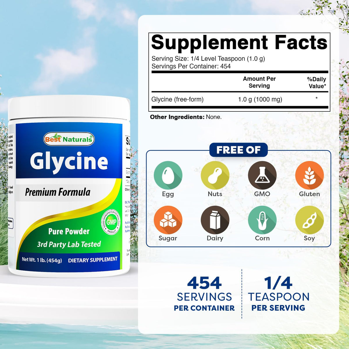 Étiquette du pot de poudre de glycine Best Naturals