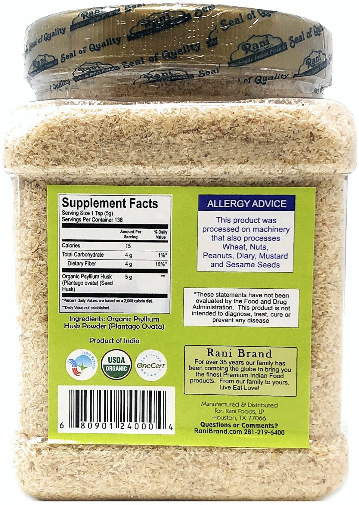 Étiquette du pot de psyllium entier Rani 280g