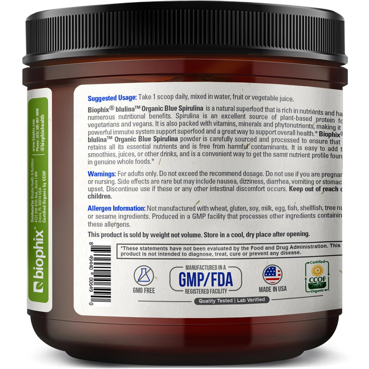 Étiquette du pot de spiruline bleue bio biophix