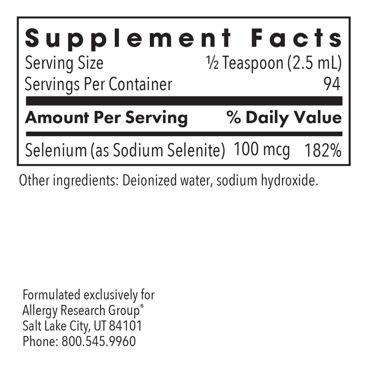 Étiquette du produit Allergy Research Group Selenium Solution 100 mcg