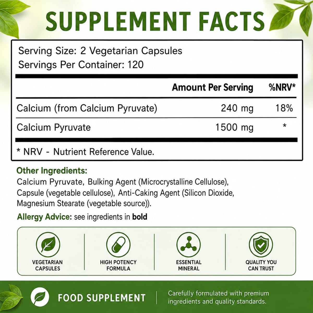 Étiquette du produit Brieofood Calcium Pyruvate 1500mg