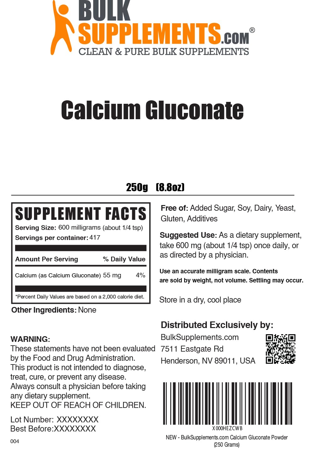Étiquette du produit de gluconate de calcium BulkSupplements