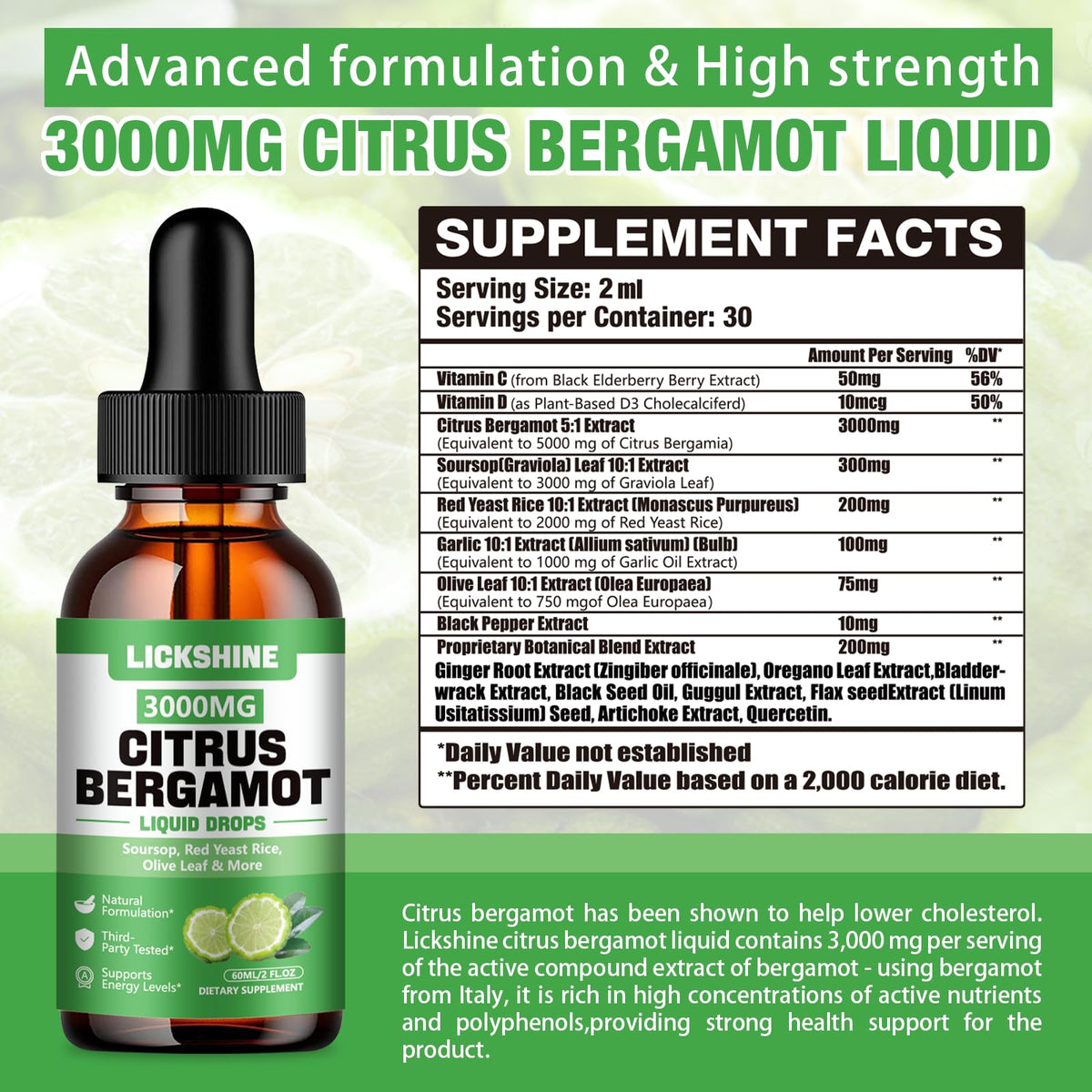 Étiquette du produit de gouttes liquides de citron bergamote lickshine