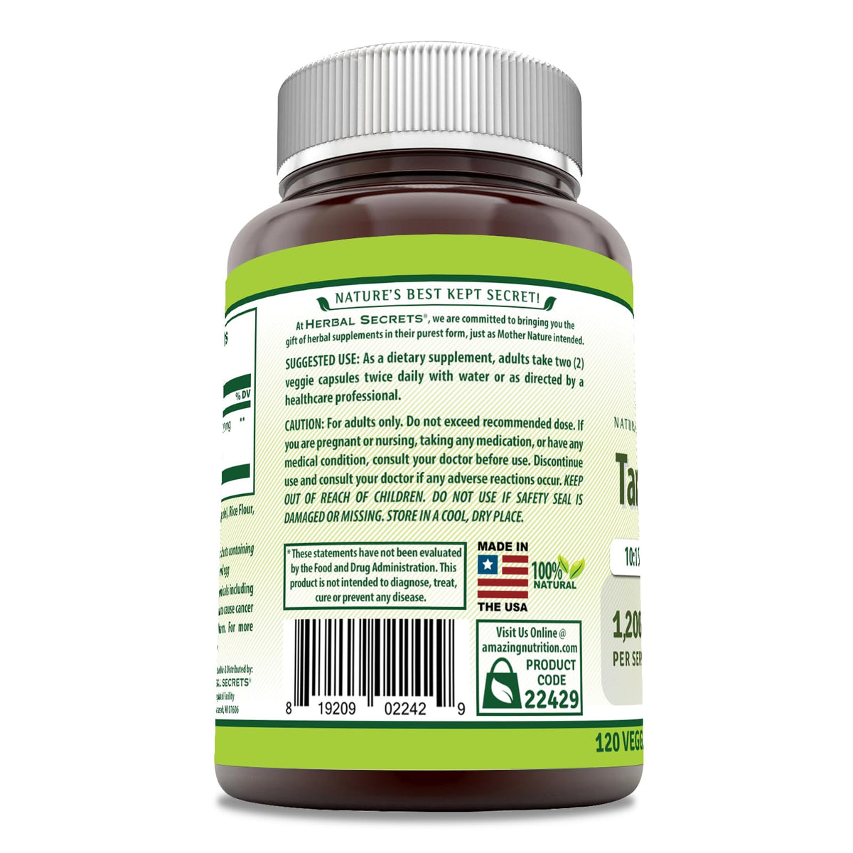 Étiquette du produit Herbal Secrets extrait de cerise acide 1200 mg