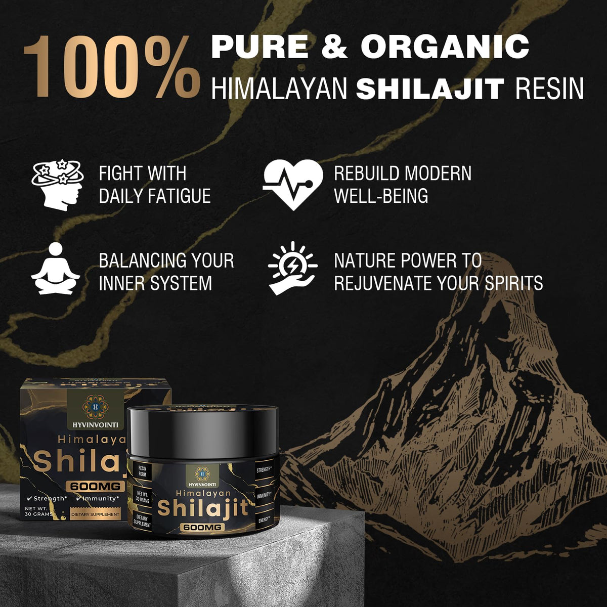 Étiquette du produit HYVINVOINTI Résine de Shilajit Himalayen