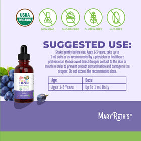 Étiquette du produit MARYRUTH'S Fer Liquide Bio avec ingrédients