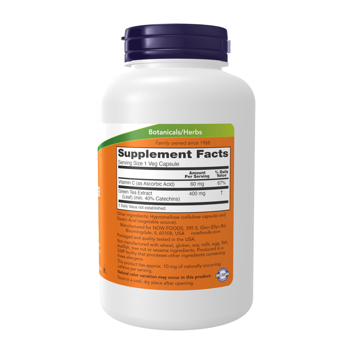 Étiquette du produit NOW Foods Extrait de Thé Vert 400 mg, détails de composition