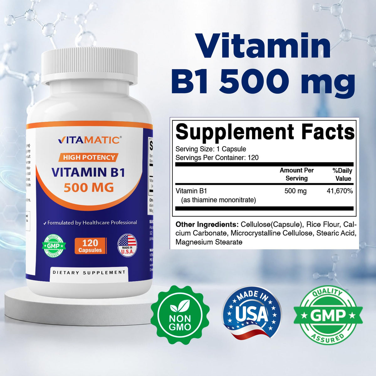 Étiquette du produit Vitamatic vitamine B1 500 mg 120 capsules