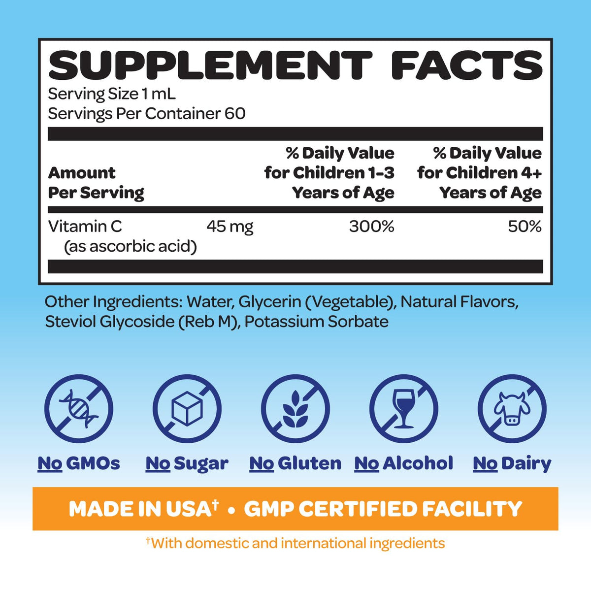 Étiquette du produit Vitamine C Liquide VITABURST, 45mg par dose