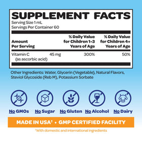 Étiquette du produit Vitamine C Liquide VITABURST, 45mg par dose