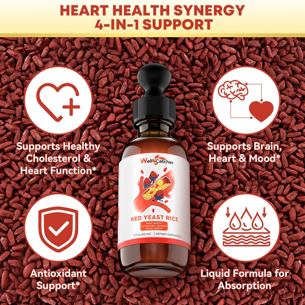 Étiquette du riz rouge Wellcatcher 2400mg, ingrédients et dosage
