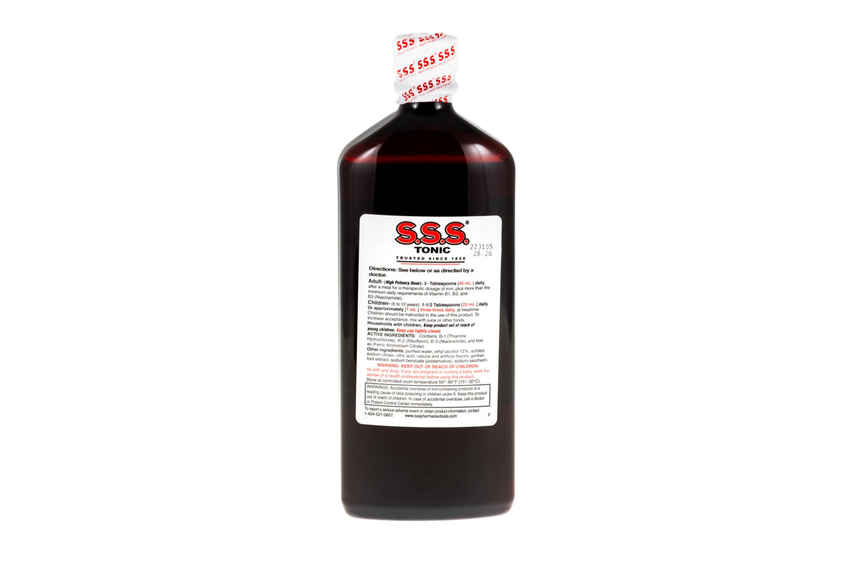 Étiquette du Tonic Liquide Fer S.S.S. avec ingrédients