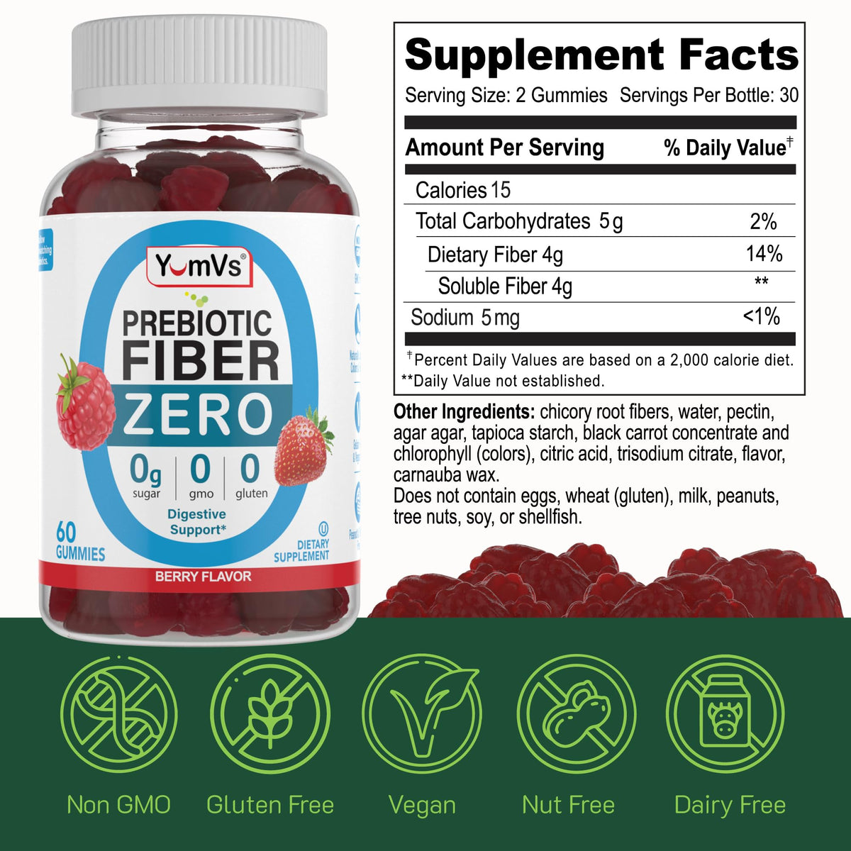 Étiquette nutritionnelle des gummies prébiotiques YUM-V'S