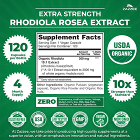 Étiquette Zazzee Extrait de Rhodiola Bio 10:1 montrant la certification biologique