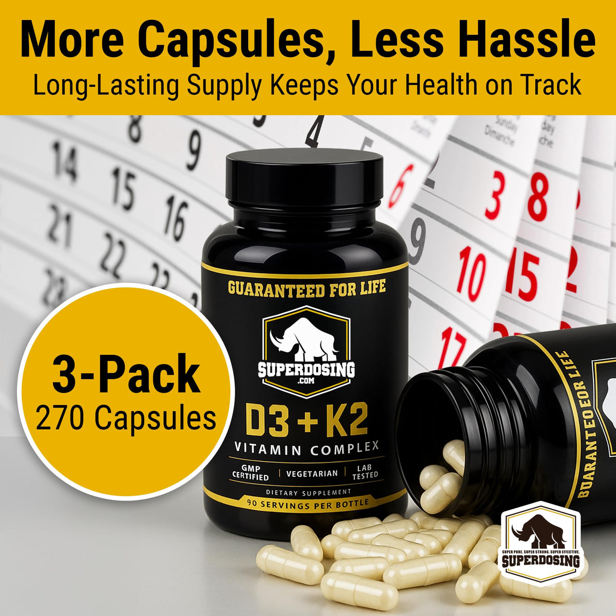 Étiquettes de nutriments sur la bouteille de SuperDosing.com D3 K2