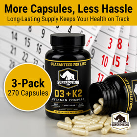 Étiquettes de nutriments sur la bouteille de SuperDosing.com D3 K2