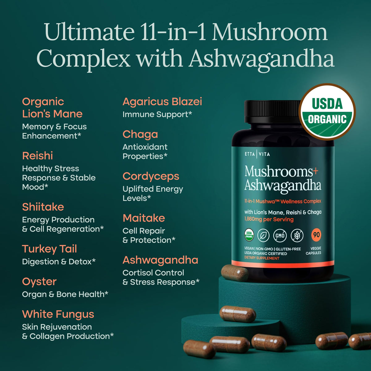 Etta Vita Complément Alimentaire Champignon 11-en-1 90 capsules emballage