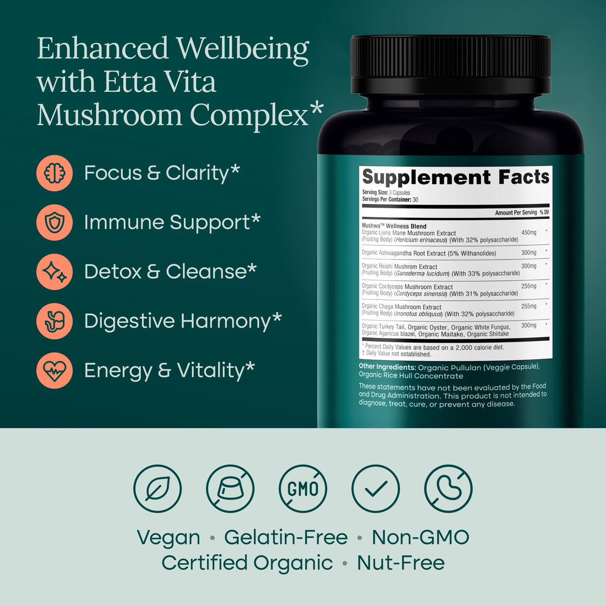 Etta Vita Complément Alimentaire Champignon 11-en-1 capsules avec ingrédients