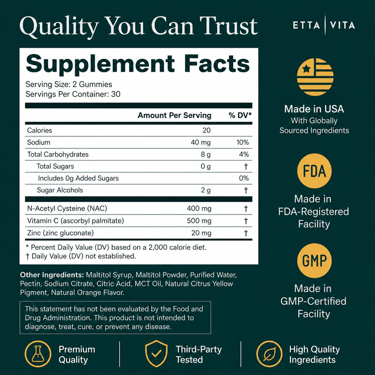 Etta Vita Gummies NAC sans sucre dans une main