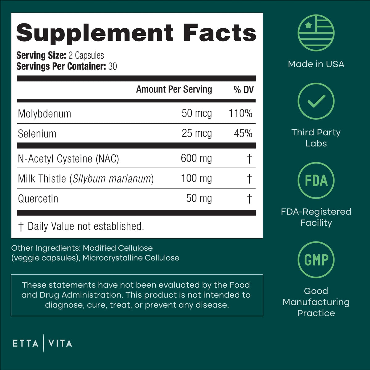 Etta Vita NAC N-Acétylcystéine 600mg ingrédients principaux