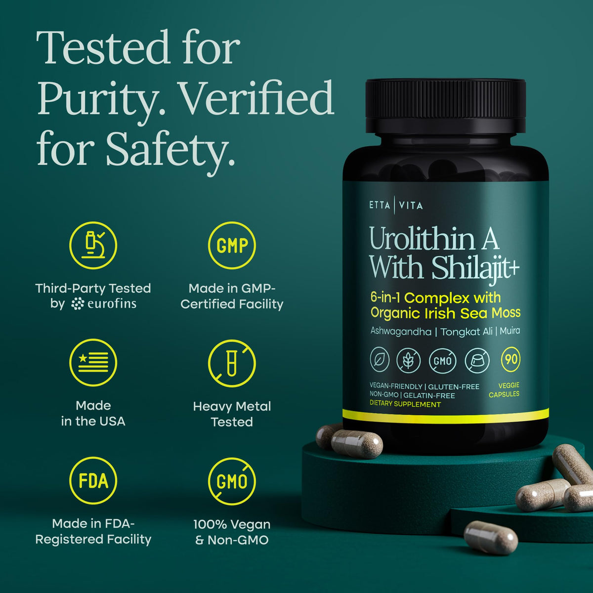 Etta Vita Urolithin-A Complex capsules sur une table en bois