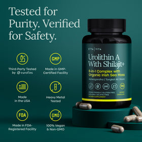 Etta Vita Urolithin-A Complex capsules sur une table en bois