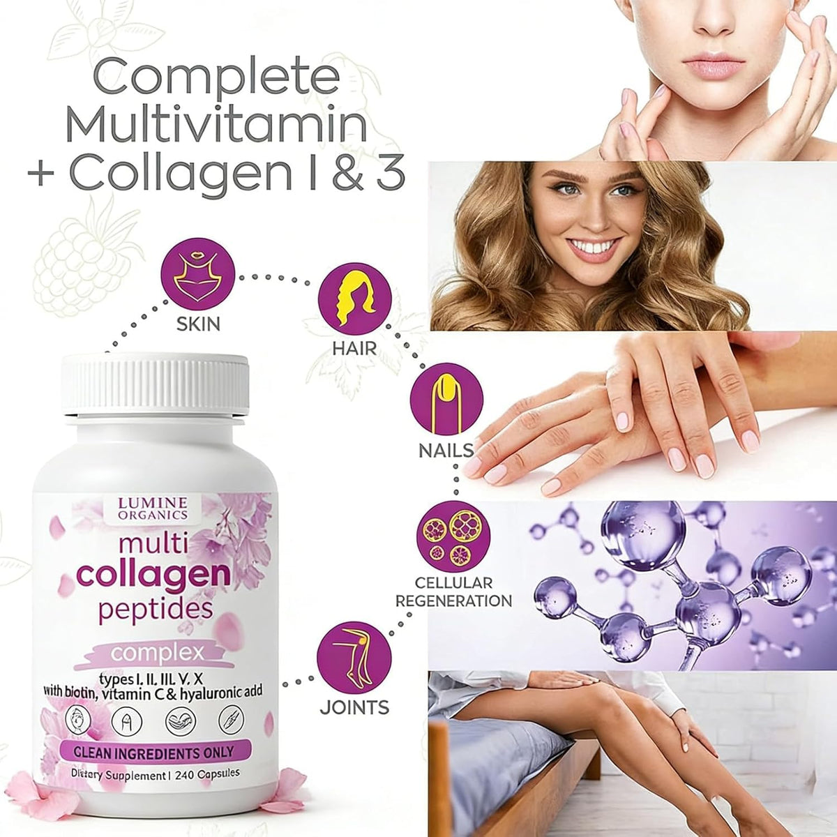 ETUIH Collagène Lumine Organics capsules 240, flacon ouvert