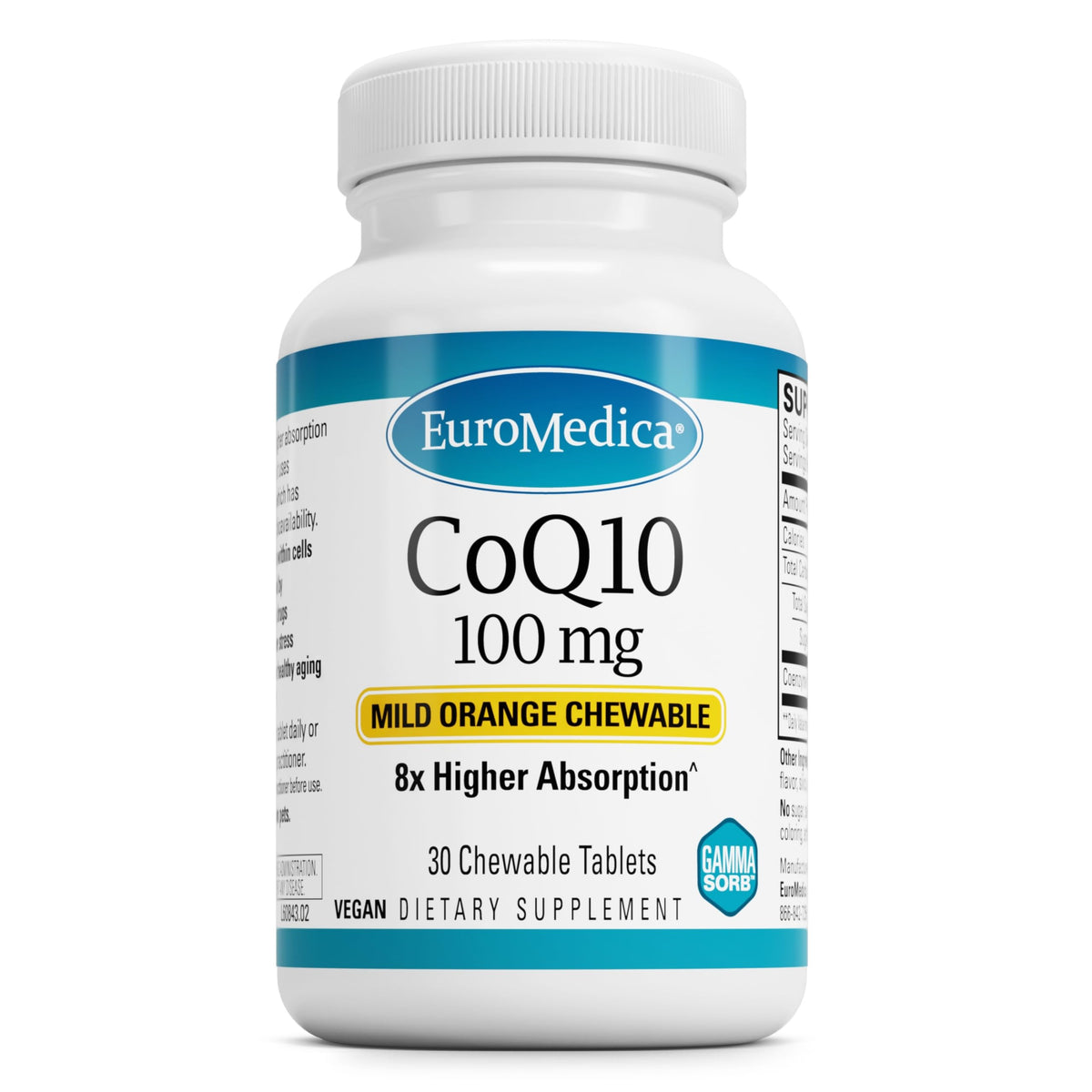 EuroMedica CoQ10 100 mg boîte avant avec 30 comprimés à croquer