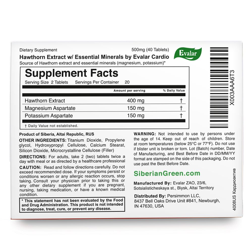 Evalar Hawthorn Cardio, description des ingrédients sur l'emballage