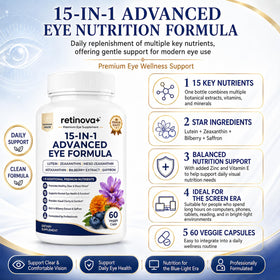EveLabs Retinova+ 15-en-1 Formule Avancée pour les Yeux - Présentation sur fond blanc