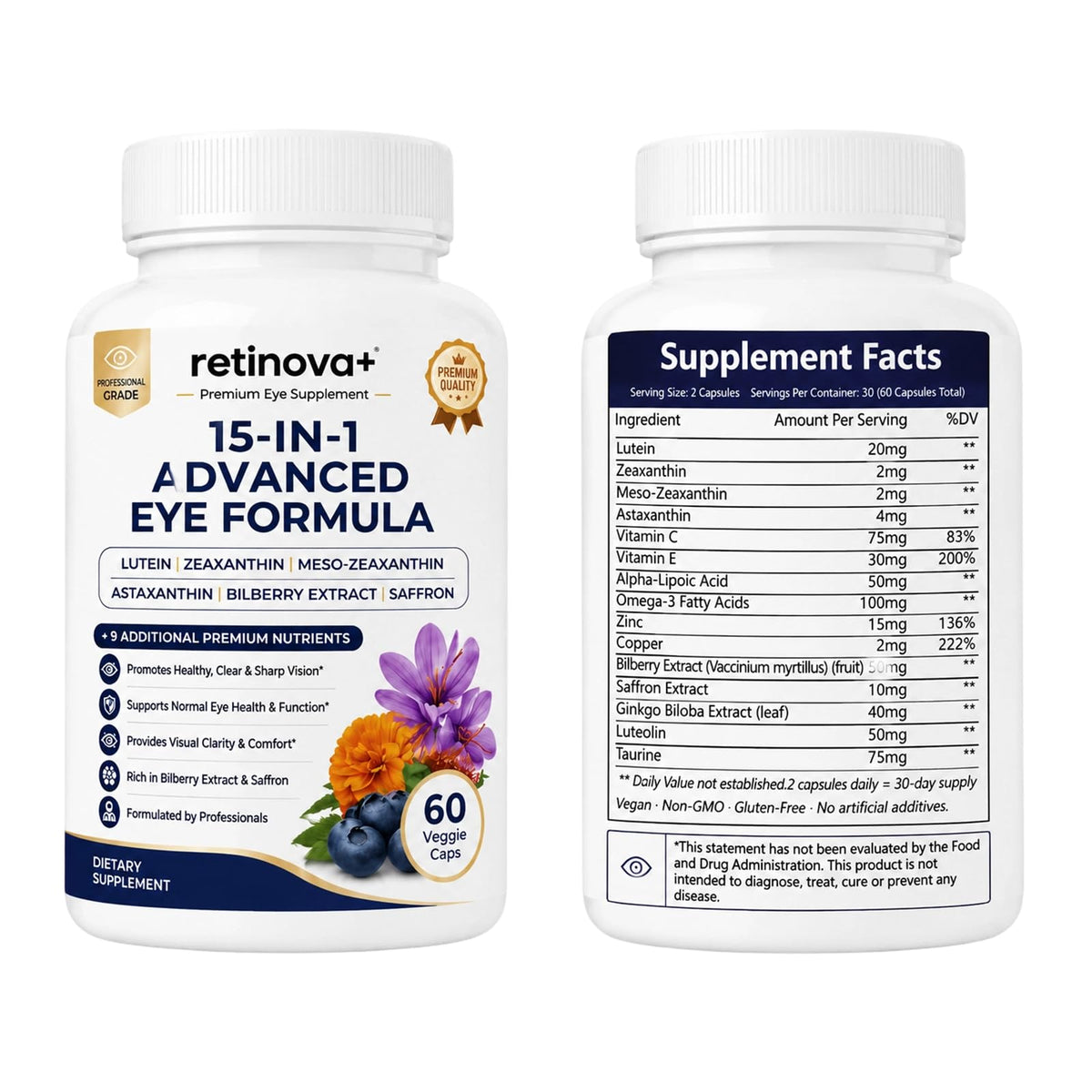 EveLabs Retinova+ 15-en-1 Formule Avancée pour les Yeux - Usage quotidien