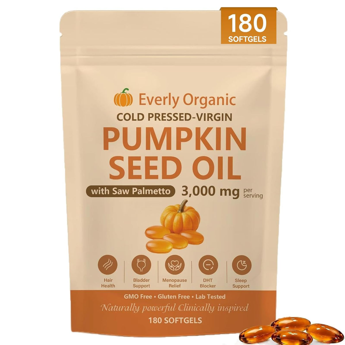Everly Organic Huile de Pépin de Citrouille 180 gélules vue de face