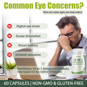 EVERVISION Complément Oculaire 14 en 1, capsules sur une surface blanche