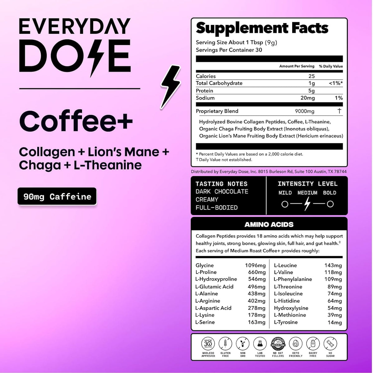 Everyday Dose café de champignon emballage avec ingrédients